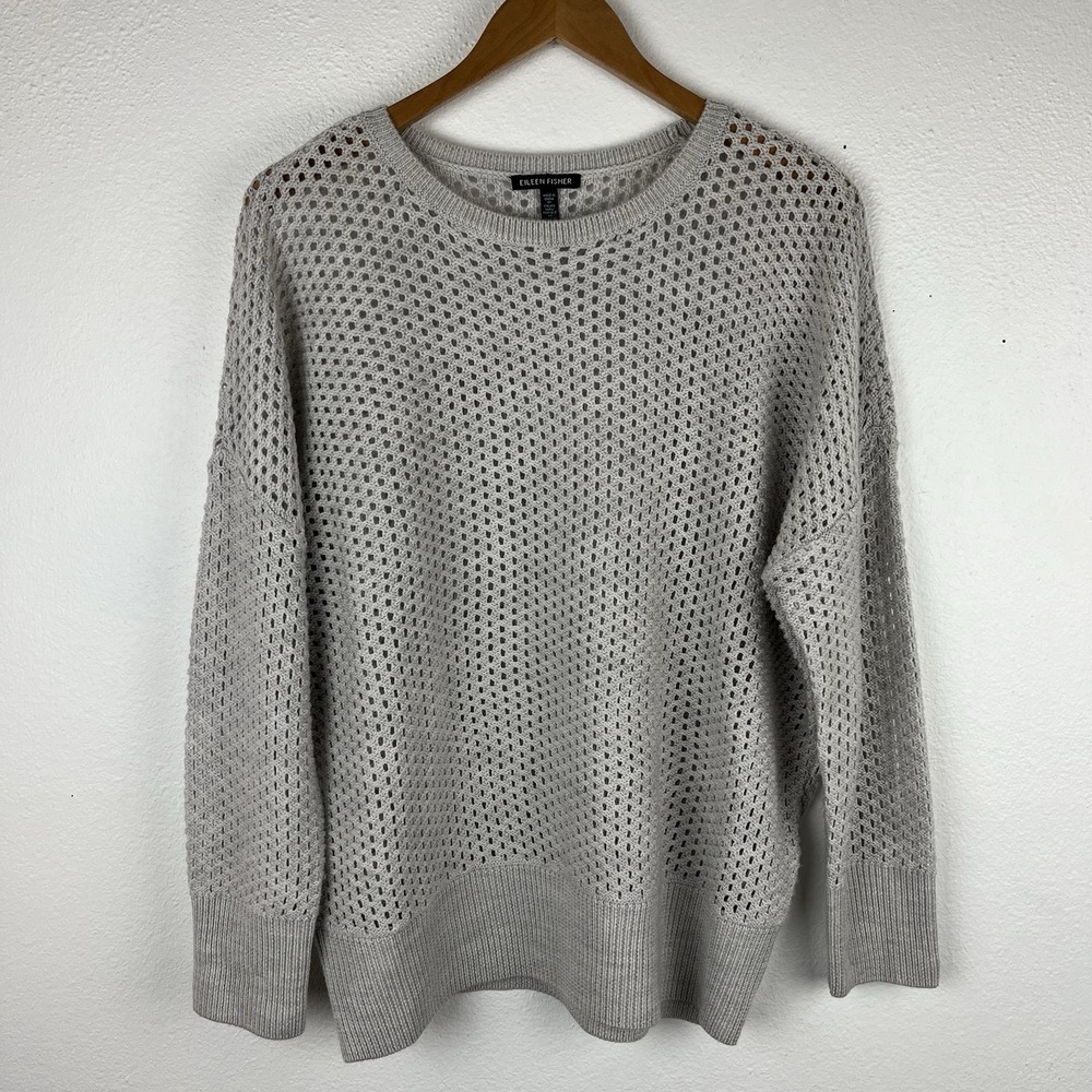 Eileen Fisher Large Gray Crew Neck Sweater 100% Extra Fine Merino Wool
